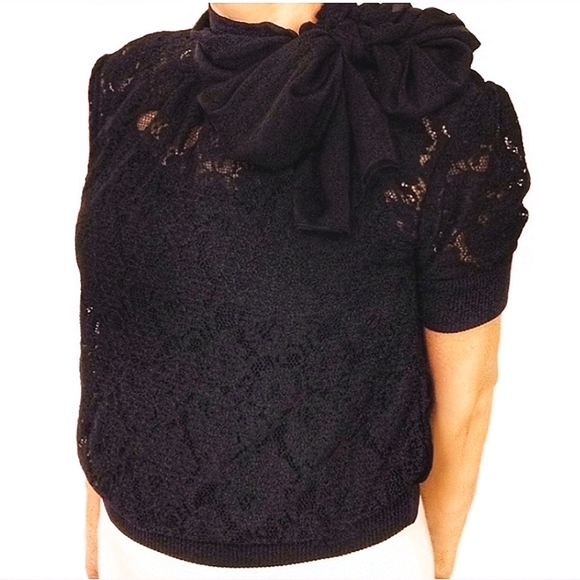 DOLCE & GABBANA Lace Blouse Bow Scarf Collar Tie Neck Black Short Sleeve Crop 44 - Picture 7 of 9